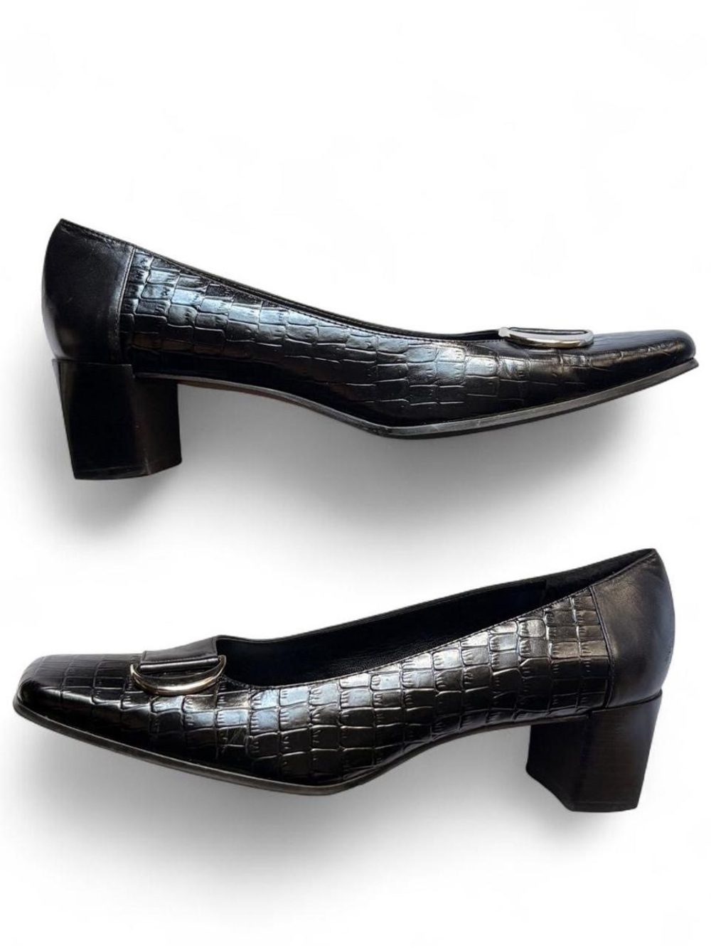 Etienne Aigner "Manzoni" black croc-embossed leather low heel pumps 8